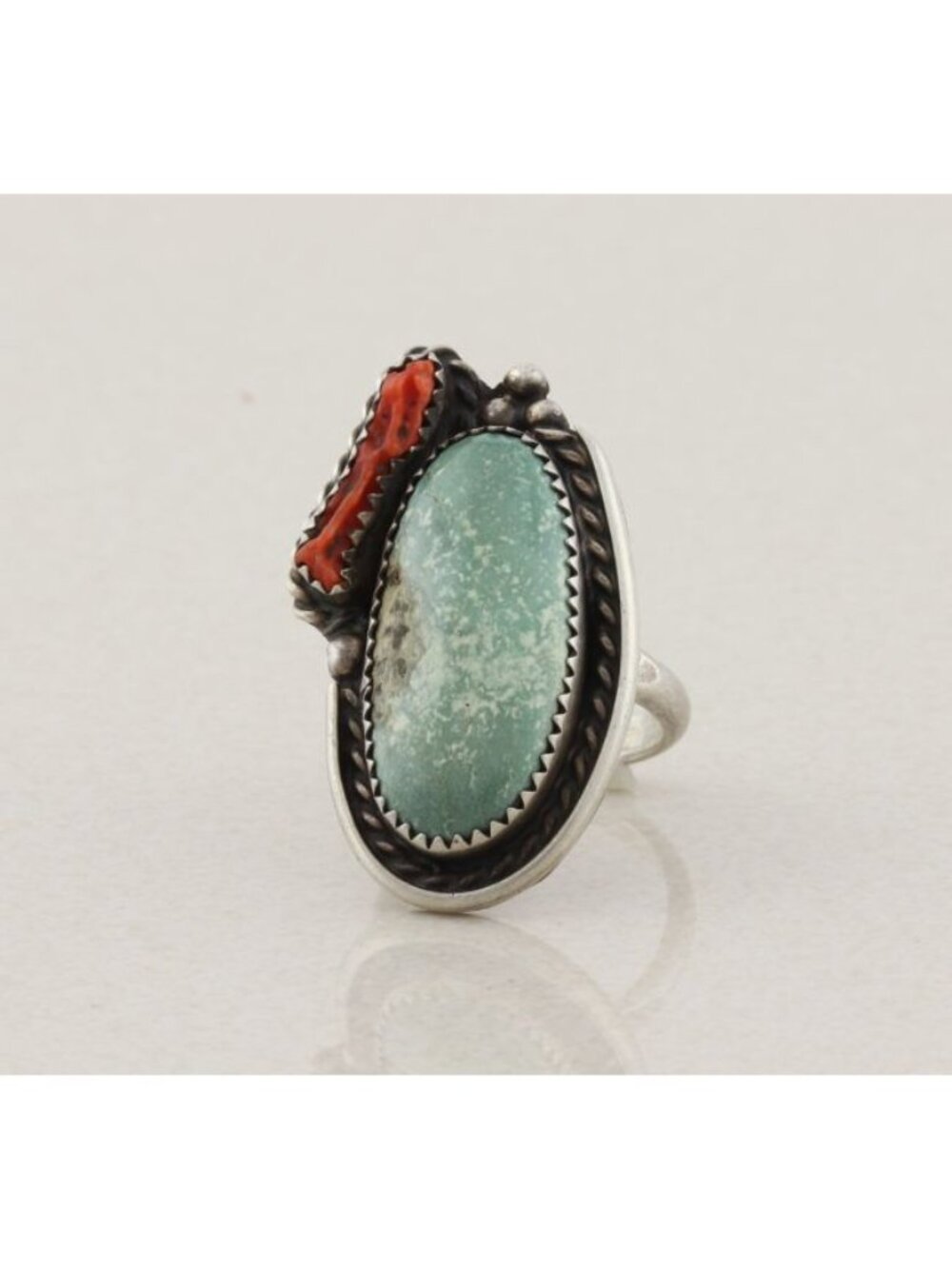 Sterling Silver Natural Turquoise & Coral Ring Size 7